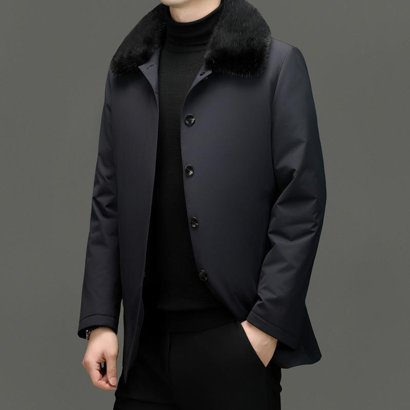 恒源祥官方正品翻领扣子爸爸装款领保暖羽绒服男士水貂毛冬季中老