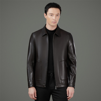 恒源祥官方正品2025秋季男式海宁皮衣中年男士休闲翻领皮夹克外套