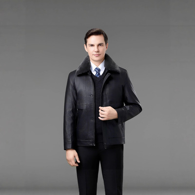 恒源祥官方正品海宁中年皮衣男毛领加厚加绒内胆可拆卸冬季休闲翻