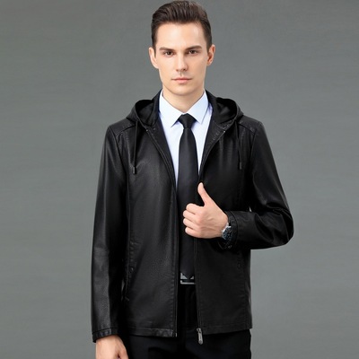 恒源祥官方正品男装海宁中年男士皮衣男连帽秋冬款爸爸厚外套复古