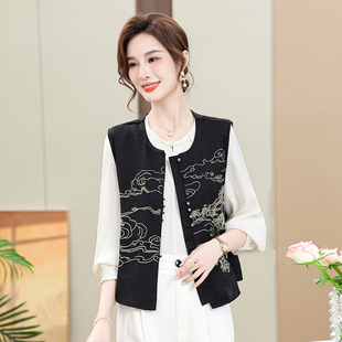 恒源祥国风刺绣马甲新款女2025新中式国潮盘口复古外套气质上衣中