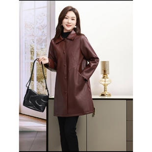 美式 2025新款 复古春秋宽松女士皮 皮衣外套女中长款 恒源祥官方正品