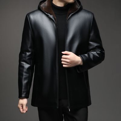 恒源祥官方正品连帽海宁皮衣男冬新款中年爸爸装休闲皮夹克加绒加