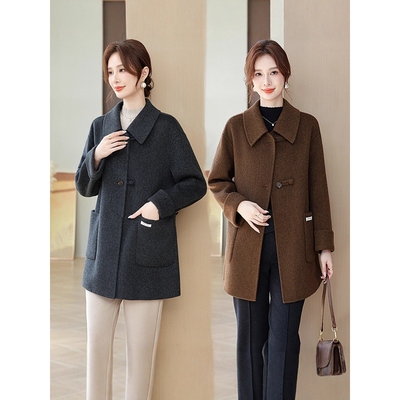 恒源祥2025秋冬款时尚妈妈双面羊毛外套盘扣大口袋加厚保暖羊绒大