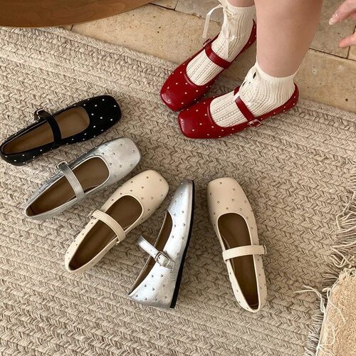 Interior Height Boosting Retro Rivet Ballet Single Shoes Wo