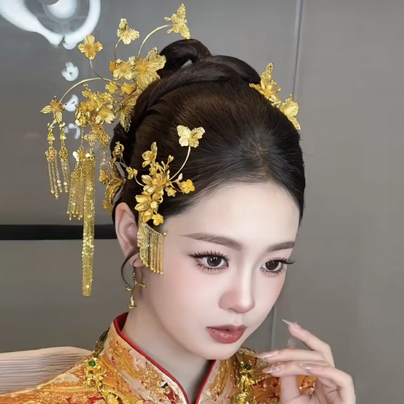 ETE奢华金色新娘结婚古装秀禾头饰中式婚礼古典宫廷流苏发钗配饰