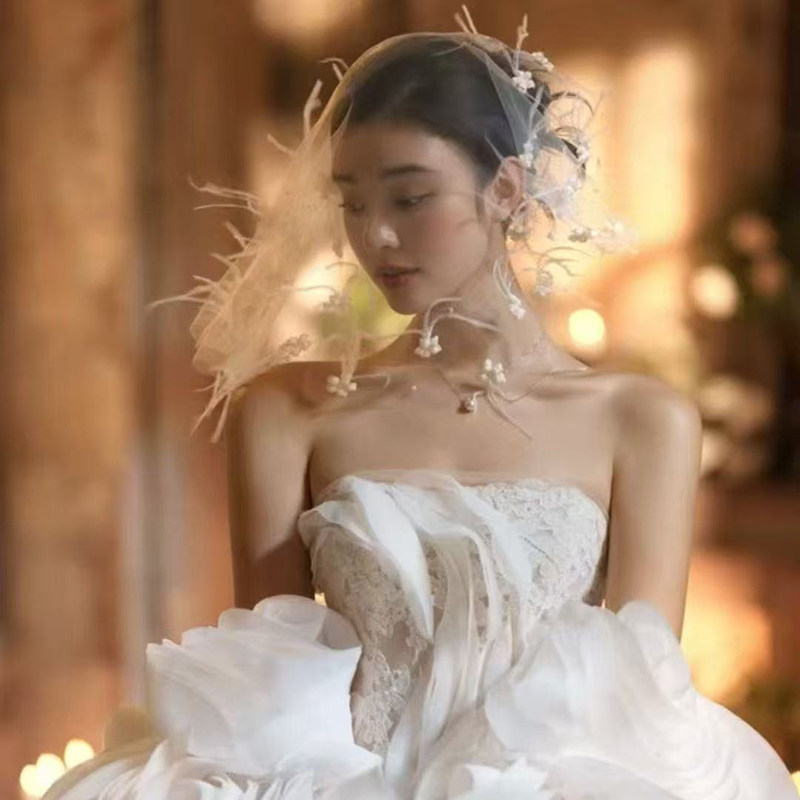 仙美羽毛花朵新娘结婚白纱小头纱头纱