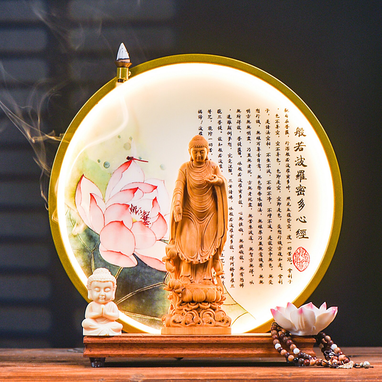 阿弥陀佛佛像家用供奉实木神像无量寿如来西方三圣佛龛背景灯摆件