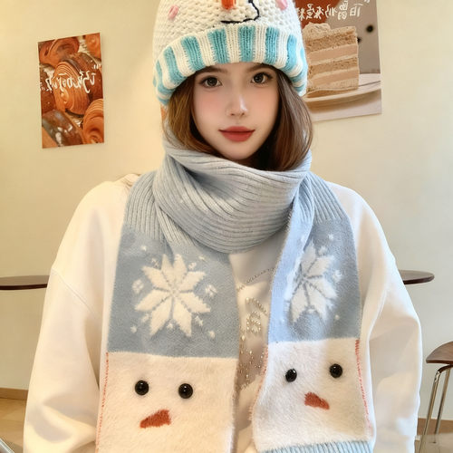 香港潮牌可爱蓝色雪人针织围巾女冬季韩系氛围感学生保暖百搭围脖
