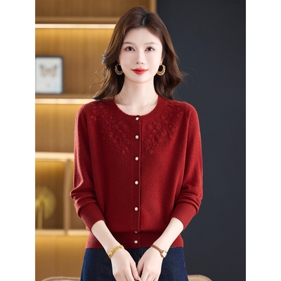恒源祥100纯羊毛衫圆领针织开衫女短款毛衣外套洋气妈妈装2025新