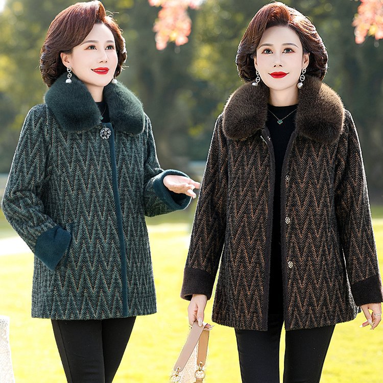 恒源祥中年妈妈冬装加绒加厚仿水貂绒外套中老年女装保暖棉衣毛呢