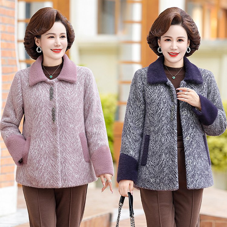 恒源祥洋气妈妈冬装外套仿水貂绒加厚加绒中老年女装毛呢上衣服保