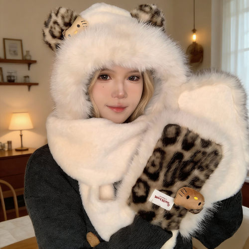 香港潮牌卡通豹纹耳朵毛绒帽子手套围巾一体连帽女冬季可爱保暖护