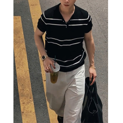 撞色条纹设计针织短袖Polo衫男款夏季高端商务休闲薄款冰丝T恤衫