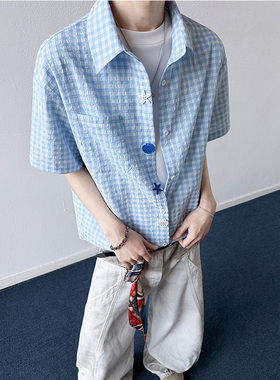 美式高街趣味纽扣衬衫短袖男夏季多巴胺格子衬衣男生海边薄款外套