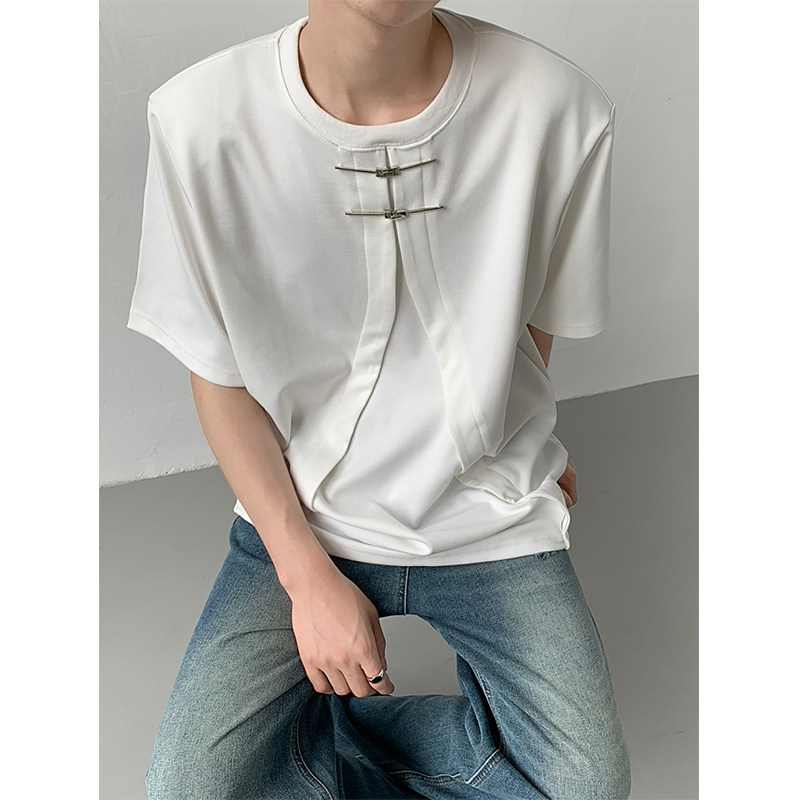 韩版解构新中式重磅垫肩短袖T恤设计感正肩半袖打底衫小众男女