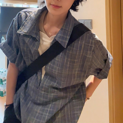 假两件格子衬衫短袖男女夏季薄款高级感慵懒衬衣t恤翻领情侣半袖