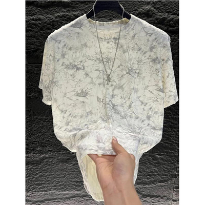 轻奢潮牌短袖T恤男扎染破洞高端冰丝T恤痞帅百搭高品质老钱风体恤