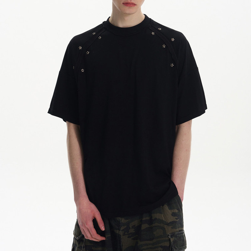 美式高街cleanfit解构拼接星星铆钉索罗娜短袖T恤男boxy版型上衣