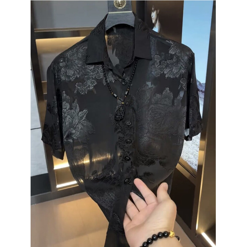 夏季男士冰丝提花超薄短袖翻领衬衫时尚潮流外穿个性镂空透气上衣
