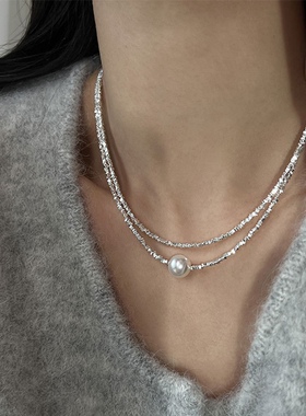S925纯银春夏施家碎银子珍珠项链小众设计高级锁骨链法式复古女