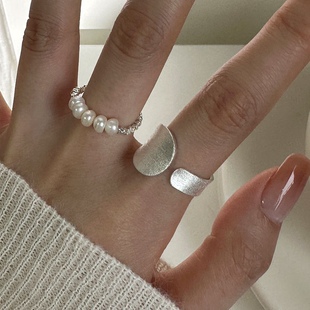 碎银子珍珠戒指s925通体纯银组合叠戴指环叠戴简约百搭拉丝戒女