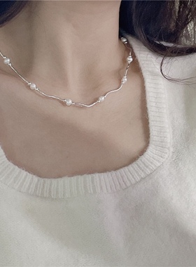 S925纯银韩版复古手工款时尚弯管淡水珍珠项链手链韩国设计锁骨链