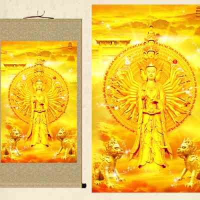 观音画像千手观音佛像挂画金身观音菩萨卷轴画佛堂供奉丝绸画定制