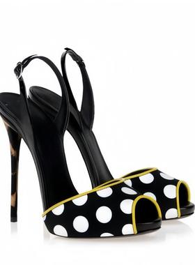 欧美时装凉鞋圆头圆点拼色搭扣细跟宴会女鞋women sandal heels