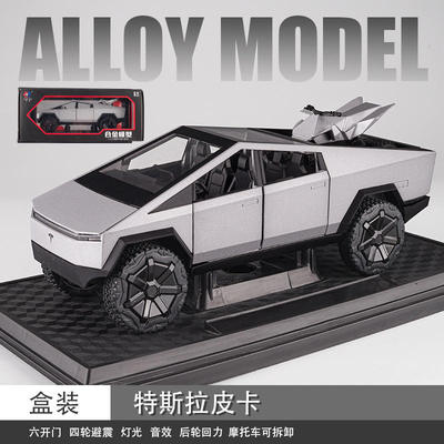 新款车致合金模型玩具车1:24特斯拉Cybertruck皮卡声光六开门支架