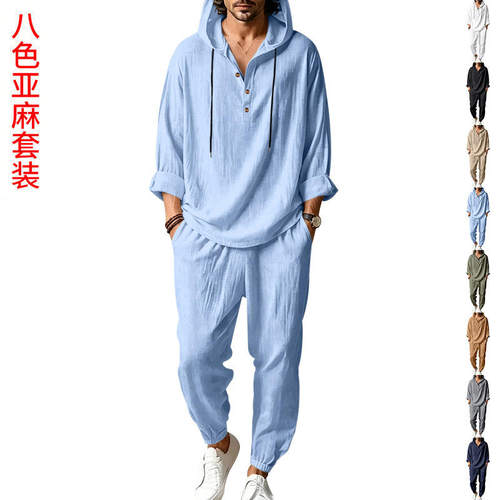 欧美跨境夏季男宽松休闲亚麻沙滩居家透气连帽亨利短袖长裤套装批