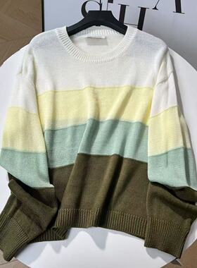 【美林姐妹】长53.5春夏新款圆领款条纹宽松显瘦上衣T6360