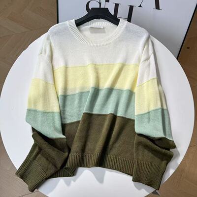 【美林姐妹】长53.5春夏新款圆领款条纹宽松显瘦上衣T6360