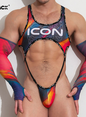 ThePack男士时尚性感镂空弹力紧身网眼系绳印花单丁带袖套连体服