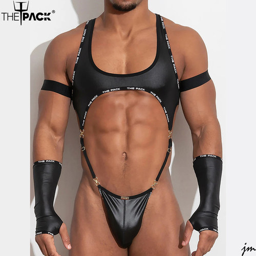 ThePack镂空仿皮系绳单丁连体服