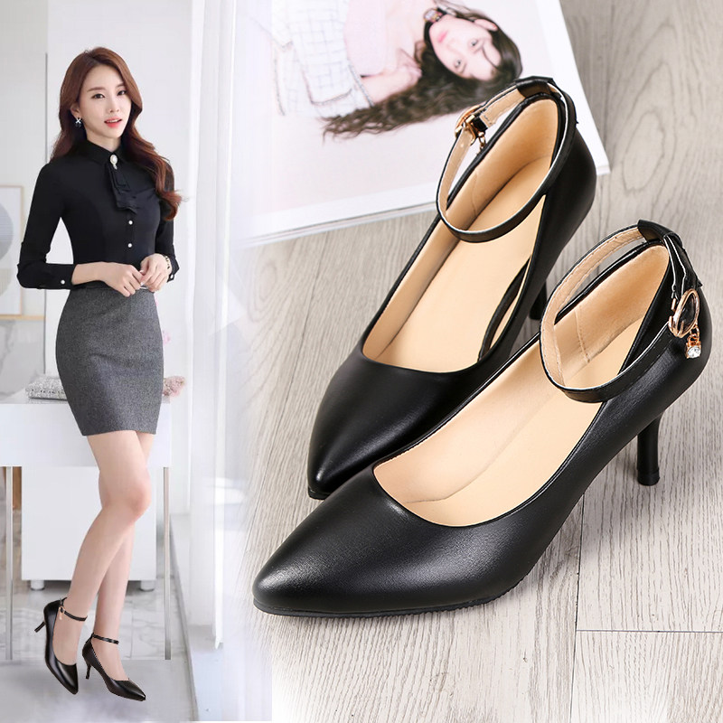 2022春季新款尖头黑色高跟鞋女细跟职业鞋中跟工作鞋一字扣带单鞋在类目 女鞋, 低帮鞋中 - 来自Buy2taobao.com提供专业的淘宝代购服务