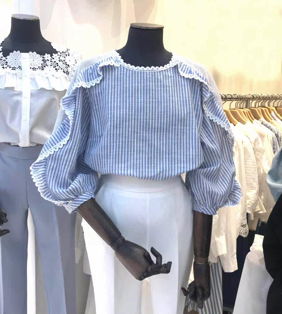 2019韩国东大门夏装新款女装拼接荷叶袖条纹衬衫时尚百搭衬衣淑女在类目 女装/女士精品, 衬衫中 - 来自Buy2taobao.com提供专业的淘宝代购服务
