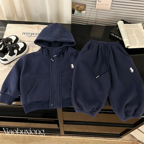 新品儿童套装秋冬款新款男童韩版刺绣连帽卫衣宝宝卫裤加绒两件套