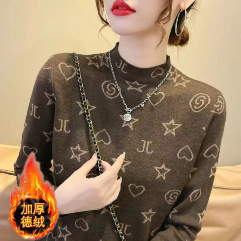 新品德绒半高领加厚保暖打底衫女秋冬洋气百搭长袖T恤女修身显瘦