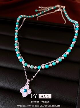 中古vintage锆石花朵叠戴吊坠项链轻奢小众高级毛衣链民族风项饰