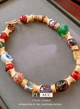 中古vintage花朵几何陶瓷项链新品复古夸张锁骨链高级感饰品