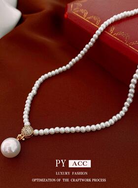 真金电镀锆石圆形珍珠项链法式复古时尚毛衣链百搭高级感饰品