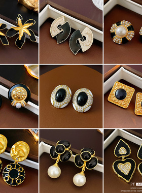 银针中古黑色系花朵几何耳环 轻奢高级感耳钉vintage复古耳饰