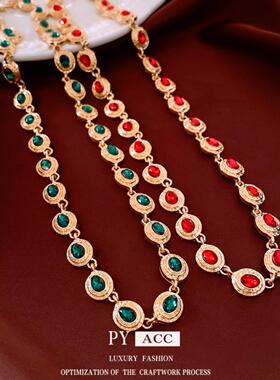 复古椭圆形镶钻褶皱可调节项链中古vintage毛衣链设计感小众项饰