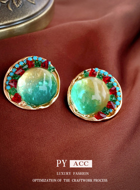 银针中古圆形琉璃耳环宫廷风小众气质耳钉复古时尚个性耳饰女