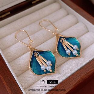 中古滴油树叶珍珠耳环复古高级感时尚耳圈轻奢小众百搭耳饰女