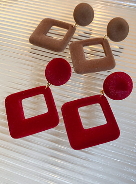 银针植绒圆形菱形耳环秋冬复古气质耳坠小众时尚高级感耳饰女