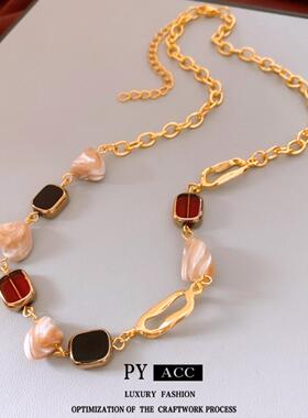 美拉德风玻璃椭圆吊坠项链复古简约百搭毛衣链设计感小众项饰