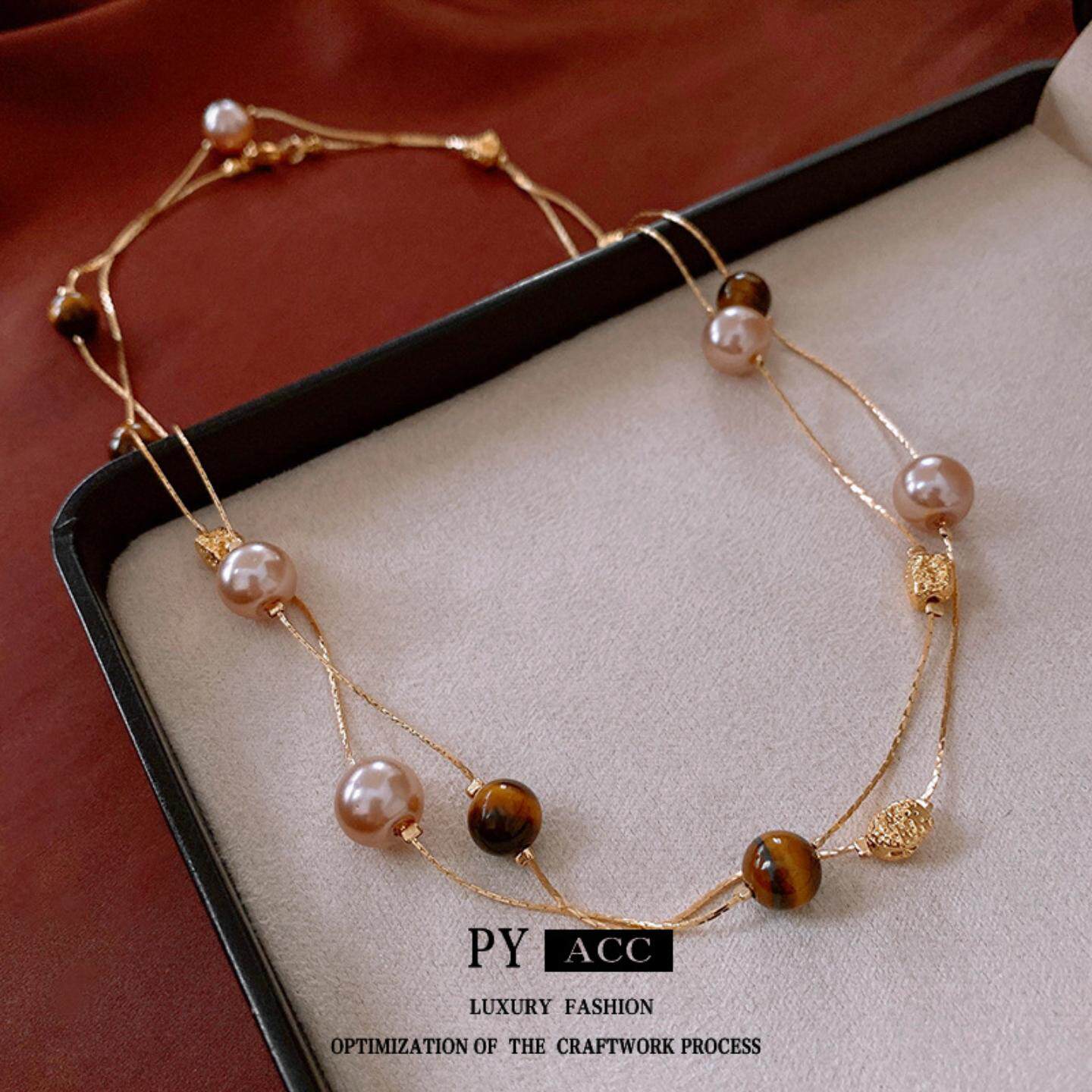 人造虎眼石长款叠戴珍珠项链高级感轻奢毛衣链复古小众饰品女