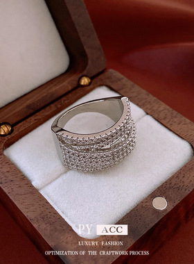 新款锆石双层宽边戒指轻奢高级感食指戒小众复古时尚手饰